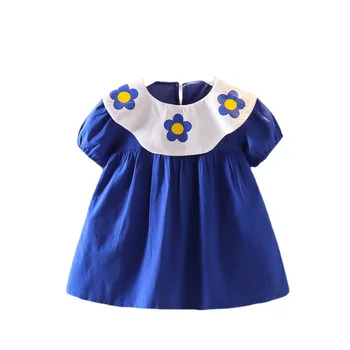 Korėjos Stiliaus Kūdikių Bamblys Mergaičių Vasaros Suknelės Didelis Gėlių Mielas Apykaklės-line Medvilnės, Mėlynos spalvos Suknelė, skirta 1-4 Metų Kdis Atsitiktinis Suknelė