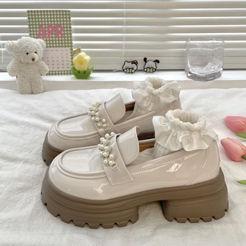 Iki 2023 m. Pavasarį moterys storio apačioje Mokasīni, Naujas saldus gėlių Lolita batai Koledžo merginų platforma batai Japonijos JK odiniai batai