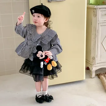 Vaikų Drabužiai 2023 Naujas Madingas Pavasario Vasaros Korėjos Stiliaus Viršaus Mergina Pledas Doll Marškinėliai Saldus Stilius Ilgas Rankovėmis Suknelė Mergaitėms
