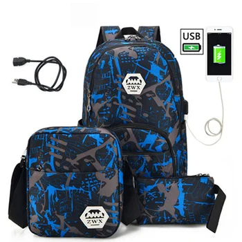 kokybės 3 mokyklos vnt /set aukštos krepšiai moterų USB Vyrų mokyklinės kuprinės vyrų pečių kelionės krepšys Didelis kuprinė maišeliu mochila