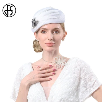 FS Sinamay Beretės Elegantiškas Ponios Snowy White Skrybėlės Moterims Plunksnų Prabanga Millinery Vestuvių Nuotakos Bažnyčios Šalies Bžūp 2023 M. Moteris