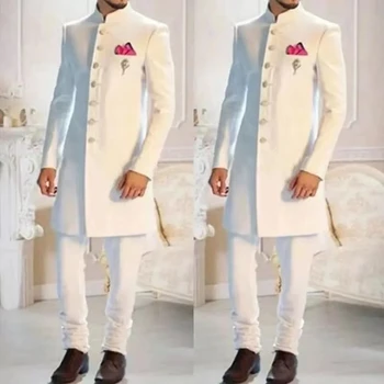 2023 Klasikinis Afrikos Baltas Ilgas Švarkas Jaunikis Smokingas Groomsman Aukštos Kokybės vyriški Vestuvių Suknelė Prom Vyrų Drabužių Verslo Kostiumai