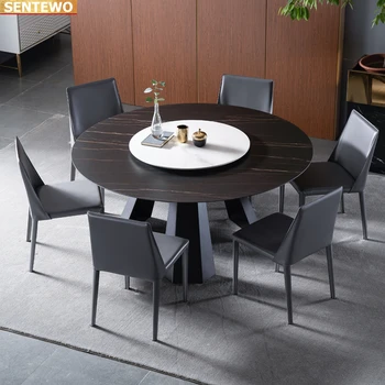 Dizaineris Prabangus turas Marmuro Uolos Plokštė valgomojo stalo rinkinys, 6 kėdės mesa de jantar tisch baldai meuble Nerūdijančio plieno aukso bazės