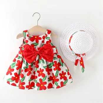 Boutique Vaikams Dėvėti Baby Girl Gėlių Suknelė Vasaros Drabužių Bamblys Rankovių Lankas Princesė Sijonas + Hat 2vnt/komplektas 2023 Naujos Suknelės