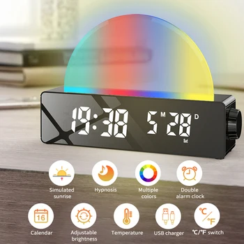 Saulėtekio Skaitmeninis Laikrodis-Žadintuvas Pabusti Šviesos diodų (Led Veidrodis 10 Spalvų, Ryškumo reguliavimas Temperatūros Data Miegamasis Laikrodis Vaikams Suaugusieji