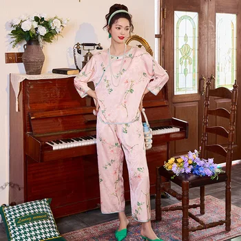 QSROCIO Pavasarį, Rudenį Moterų, Imituojant Šilko Pižama Kinų Stiliaus Gėlių Spausdinti Namo Kostiumas ilgomis Rankovėmis, Kelnes Dviejų dalių Komplektas
