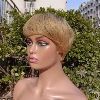 Pixie Supjaustyti LWigs Žmogaus Plaukai šviesūs, medaus Perukas Juoda Moterų Trumpųjų bangų Žmogaus Plaukų Perukas 130% Tankis