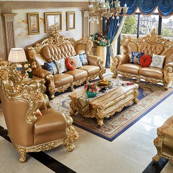 Europos Stiliaus Natūralios Odos Sofa Derinys Villa Luxury Living Visą Kambarį, Medžio Masyvo Išdrožtos Karūna Baldai Full House Set