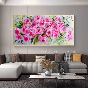 Rožinė spalvinga gėlių 100% rankų darbo aliejaus tapybai abstrakčiai šiuolaikinės drobė sienos meno posėdžio kambario puošmena spalvinga gėlių tapyba