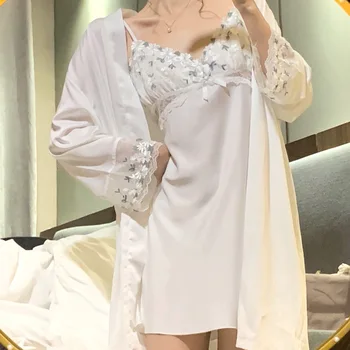 Moterų V-Kaklo, Chalatas Kimono Suknelė Twinset Skraiste Kostiumas Su Strap Pižamą Nėrinių Apdaila Chemise Sleepwear Vasarą Mini Nightdress
