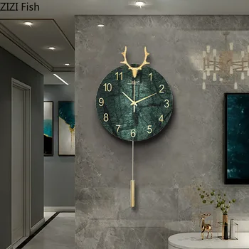 Natūralaus Marmuro Sienos Laikrodį, Modernus Dizainas ir Tylus Valymo Adata Laikrodžiai Vario Elnių Galvos Dekoratyvinis Kabo Laikrodis su Švytuokle