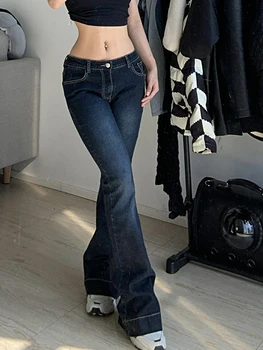 Kalevest Y2K High Street Žemas Augimas Jeans Blue Moterų Kelnės Kišenės Bootcut Džinsai Streetwear Mažas Juosmens Džinsai Pločio Kojų Kelnės 2023