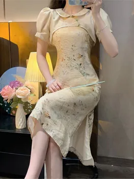Midi Suknelė Nustatyti Moterų Elegantiškas Vasarą 2023 Naujas Kinų Stiliaus Spausdinimo Suknelė ir Skara Dizaino Ponios Vestido Seksualus Raukšlės Moterų Suknelės