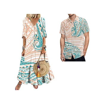 Naujas Stilius Tonga Polinezijos Rūbus V Kaklo Prarasti Suknelės Moterims, Elegantiškas Mygtuką Žemyn Marškiniai Suknelė Rungtynės Shirt Mens