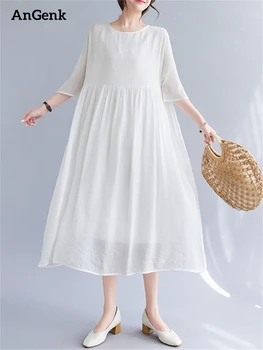 Negabaritinių Medvilnės Vientisa Spalva Vintage Suknelės Moterims 2023 Vasaros Atsitiktinis Palaidų Ilgai Fairycore Suknelė Femme Drabužius, Elegantiškus Drabužius