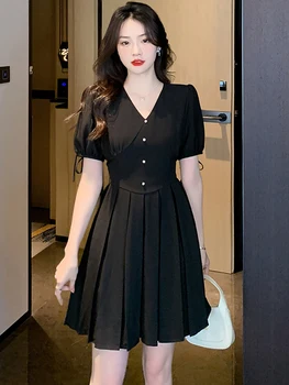 2023 Vasaros Juodos Spalvos Trumpomis Rankovėmis V-Kaklo, Midi Suknelė Korėjos Mados Kietas Elegantiškas Plisuotos Suknelė Moterims, Elegantiškas Bodycon Office Lady Suknelė