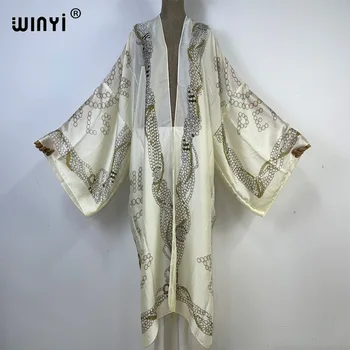 WINYI 2023 naujas longue kimono Moterų Plonas šilko Megztinis mezgimo kimono Kokteilis seksualus Boho prarasti Afrikos Atostogų Batwing Rankovėmis Chalatas,