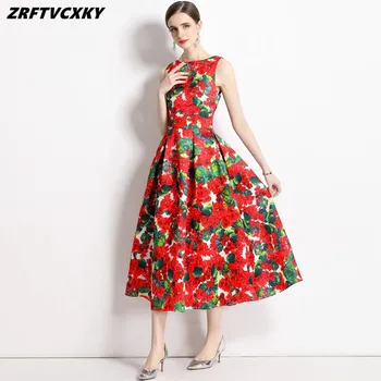 Prabangių Gėlių Printting Vasaros Lady Vestuvės Suknelės Elegantiškas O-Kaklo, Rankovių Slim-Line Atsitiktinis Ilga Suknelė Rūbeliai Femme