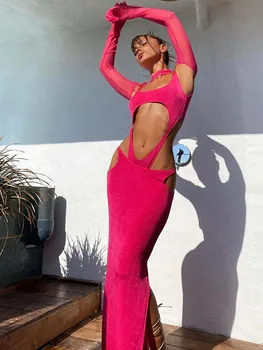 Moterys Vasarą Seksualus Akių Iškirpti Hot Pink Maxi Ilgas Bodycon Tvarstis Suknelė 2023 Elegantiškas Šalis Etapo Rezultatus Suknelė