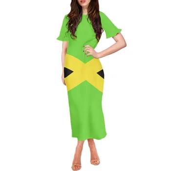 Spalvingas Šviežių Šifono Suknelė Polinezijos Spausdinti Trumpas Rankovėmis Apvalios Apykaklės Jamaikos Vėliavos Modelis Vasaros Moterų Klubo Festivalio Suknelė
