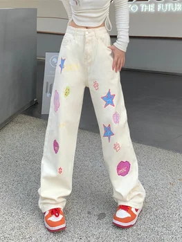 HOUZHOU Japonijos Y2k Džinsai Moterims Harajuku Anime Mielas Pločio Kojų Džinsinio audinio Kelnės Plati Rausva Kawaii Kelnės Hipių Streetwear Moteris