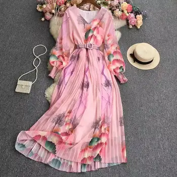 V-Kaklo Gėlių Šifono Maxi Suknelė Ilgomis Rankovėmis 2023 Pavasario Vasaros Mados Elegantiškas Spausdinti Plisuotos Suknelės Moteris Vestidos Z1492