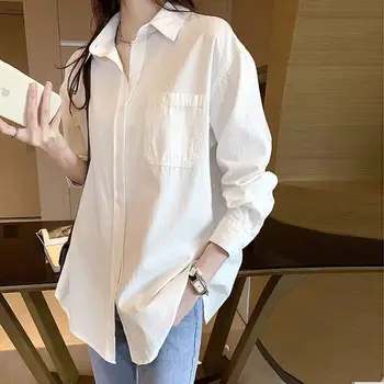 Balta palaidinė marškinėliai moterims vidinis sluoksnis sluoksniavimasis elegantiškas vidurio ilgio universalus mados dizaino ilgas rankovėmis marškinėliai moteriška palaidinė viršų