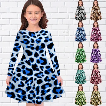 Leopardas Spausdinti 3D Spausdinimo Vasaros Vaikų Apvalios Kaklo Suknelė Mergaitėms ilgomis Rankovėmis Suknelė Prarasti Kelio ilgis Atsitiktinis Ilgos Suknelės, Drabužiai