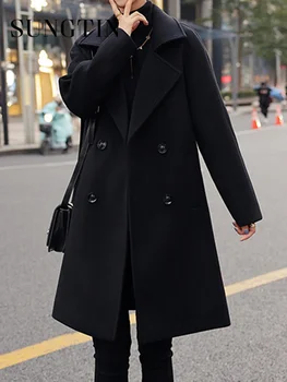 Sungtin Korėja Elegantiškas, Vilnoniai Paltai Moterims Klasikinis Atsitiktinis Dvigubo Breasted Ilgas Paltas Rudens Žiemos Prarasti Office Lady Outwear
