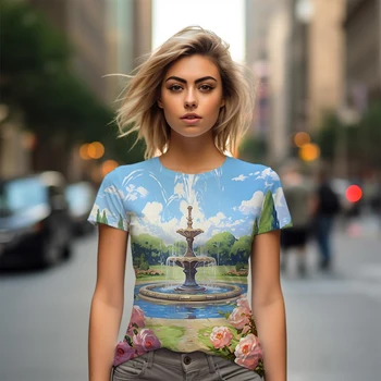 Vasarą naujų ponios T -shirt Baseinas, sodas 3D atspausdintas lady T -shirt laisvalaikio moteriški marškinėliai mados tendencija moterys T -shirt