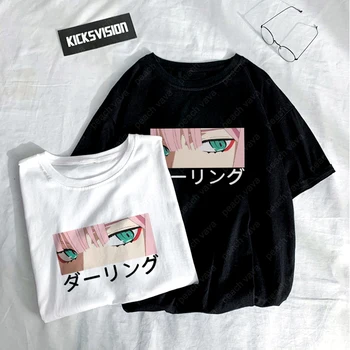 Vasaros Harajuku darling į franxx anime Nulio DVIEJŲ gražių mergaičių spausdinti Viršūnes Ulzzang prarasti trumpas rankovėmis chic moterys T-shirt