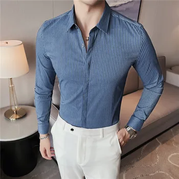 Aukštos Kokybės Ilgomis Rankovėmis Marškinėliai Premium Prasme Verslo Marškinėliai Vyrams Dryžuotas Marškinėliai Slim Fit Ruožas Atsitiktinis Slim Fit Socialinės DressShirt
