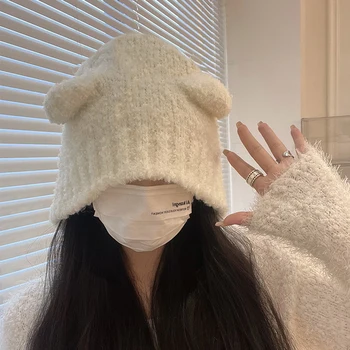 Rudens Žiemos Skrybėlę Cute Little Bear Ausis Skrybėlę Moterų Žiemos Japonijos Universalus Šiltas Vilnonis Kepurė Su Ausų Apsauga Mezgimo Beanie Kepurė