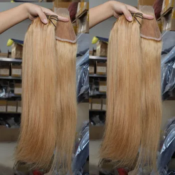 Didmeninė Virgin Brazilian Žmogaus Plaukų Ryšulius su Nėrinių Uždarymo Šilko Tiesiai Aukso Šviesūs #27 Spalvų Plaukų Audimo Ataudų Pynimas