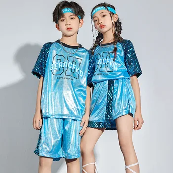Vaikai Kpop Komplektus Hip-Hop Drabužių Mėlyną Blizgučiais Marškinėliai Atsitiktinis Šortai, Sijonas Vasaros Mergaitės Berniukai Džiazo Šokio Kostiumas 4-16Y