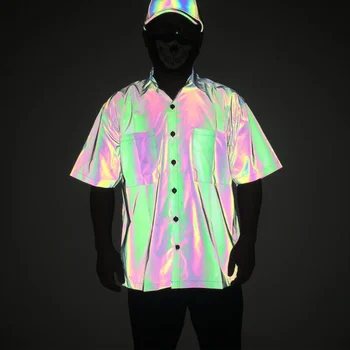 Naujas Spalvingas Atspindintis Trumpas rankovėmis vyriški Hip-hop Septynių spalvų Šviesos Marškinėliai