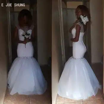 E JUE SHUNG Prabangus Baltas Afrikos Undinė Vestuvių Suknelės, O Vien Kaklo Bžūp Rankovėmis Backless Puošnios Vestuvinės Suknelės vestido de noiva