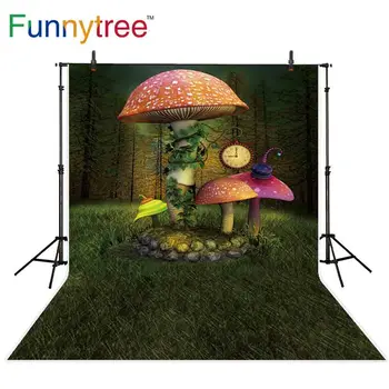 Funnytree fonas fotografijos studija grybų miško žolės laikrodis akmenys fariy pasakos vaikams fone photobooth