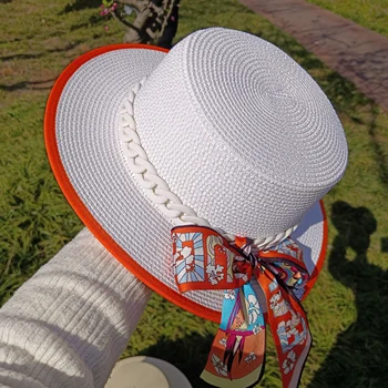Šiaudų skrybėlę platus kraštų apsaugos nuo saulės, paplūdimio skrybėlę spalva privalomas grandinės spalvų atitikimo skrybėlę elegantiškas prancūzijos moterų flat top Panamos skrybėlė Шляпа 