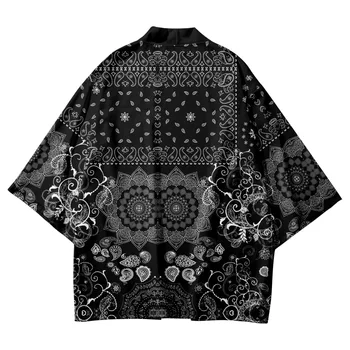 Mados Black Print Tradicinių Kimono 2023 Japonijos Moterų, Vyrų Streetwear Paplūdimio Cardigan Yukata Haori Marškinėliai Viršų
