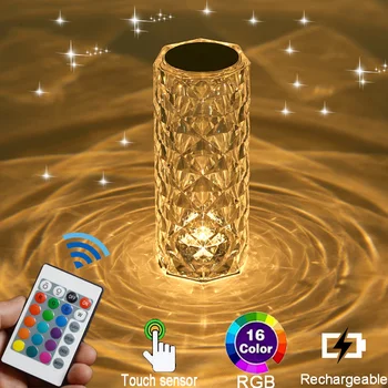 LED Kristalų Stalo Lempa Rose Šviesos Projektorius 3/16 Spalvų Touch Reguliuojamas Romantiška Diamond Atmosfera Šviesos USB Touch Naktį Šviesos