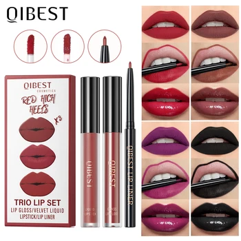 QIBEST 3pcs Skysti Lūpų dažai+Lūpų Linijinės Nustatyti Makiažas Nuogas Aksomo, Lūpų Blizgesys Ilgai Non-stick Taurės Red Lip Tint Kosmetikos Rinkinys