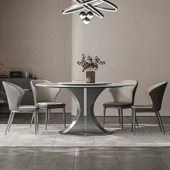 Italijos minimalistinio apskrito blizga roko plokštelę, valgomasis stalas ir kėdės derinys minimalistinio modernaus apskritojo stalo su patefonu din
