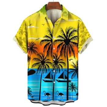 Havajų Marškinėliai Vyrams Vasaros trumpomis Rankovėmis Vyrų Drabužiai Kokoso Medžio Spausdinti Polo Apykakle Vieną Krūtinėmis vyriški Marškiniai Atostogų Viršų