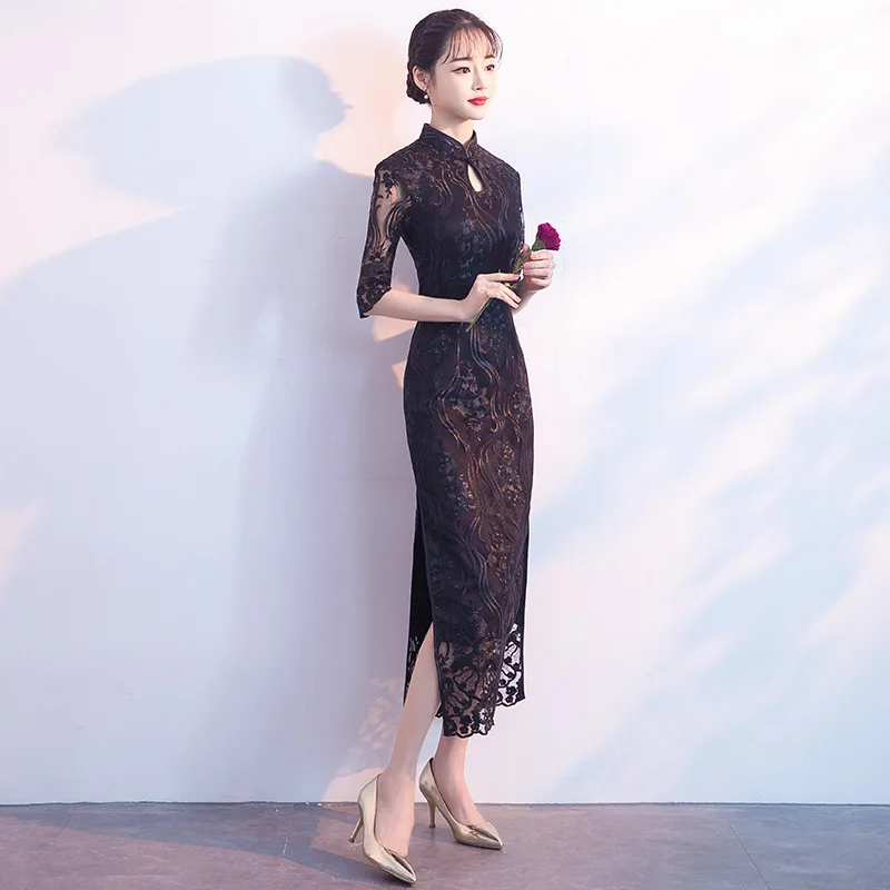 Nauja Juoda Kinų Tradicinė Suknelė Moterų Slim Cheongsam Siuvinėjimai Blizgančiais Modernus Rytietiškas Ilgai Qipao Vakaro Suknelės