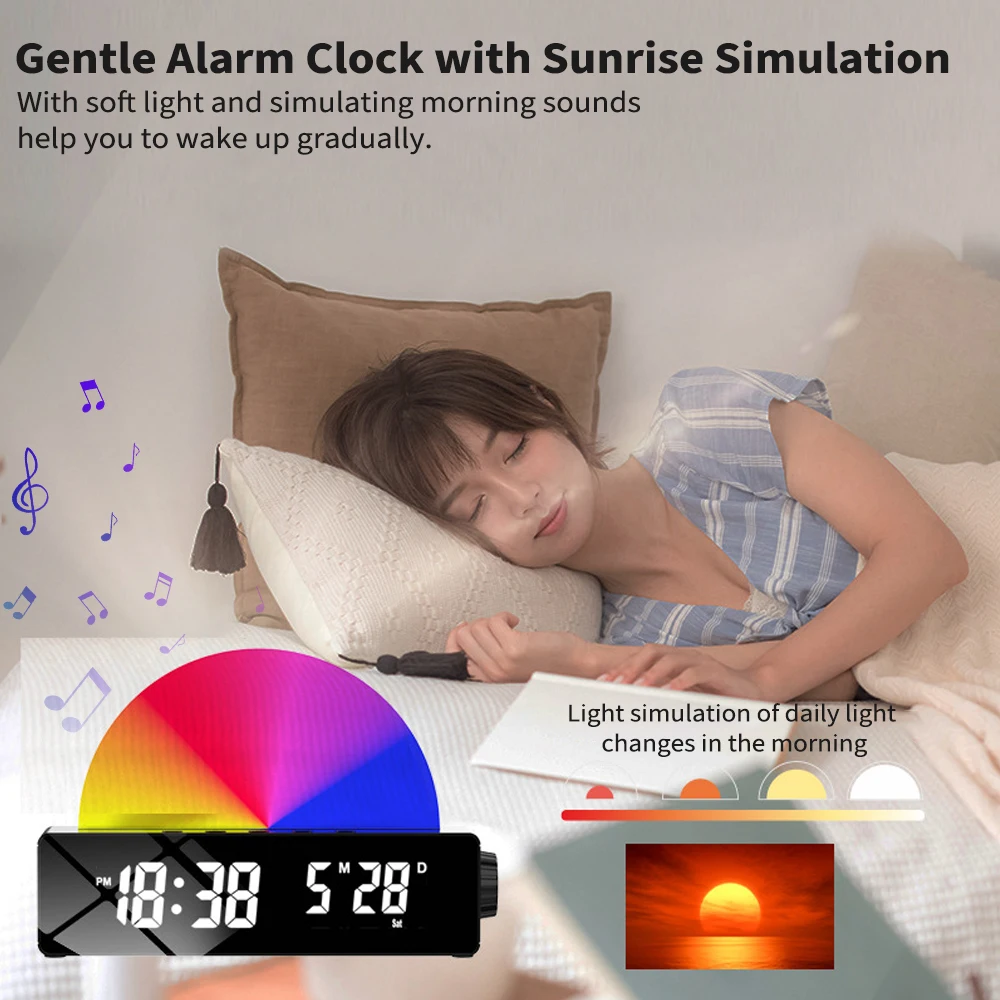 Saulėtekio Skaitmeninis Laikrodis-Žadintuvas Pabusti Šviesos diodų (Led Veidrodis 10 Spalvų, Ryškumo reguliavimas Temperatūros Data Miegamasis Laikrodis Vaikams Suaugusieji