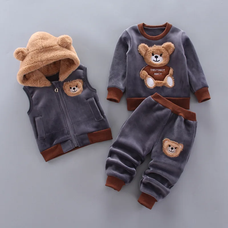 Berniuko drabužių 0-4Y rudens žiemos naujas sutirštės šiltas kombinezonas berniukui, mergina, mielas animacinių filmų lokys atsitiktinis gobtuvu megztinis baby 3 dalių kostiumą