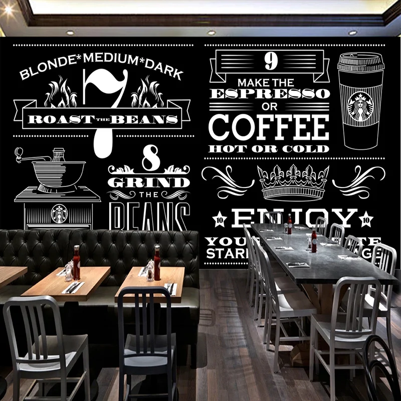 Custom Sienų Tapetai, 3D Vertus, Dažytos Juoda Ir Balta Kava Freska Restoranas, Kavinė Fone Sienų Tapybos Papel De Parede 3D