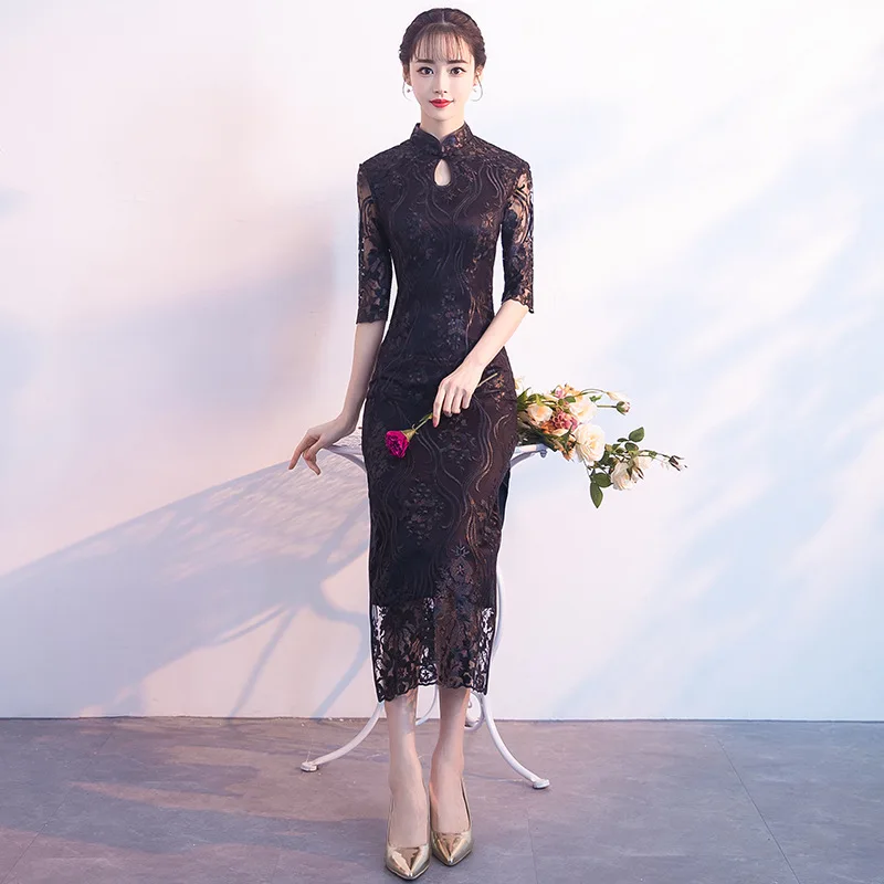Nauja Juoda Kinų Tradicinė Suknelė Moterų Slim Cheongsam Siuvinėjimai Blizgančiais Modernus Rytietiškas Ilgai Qipao Vakaro Suknelės