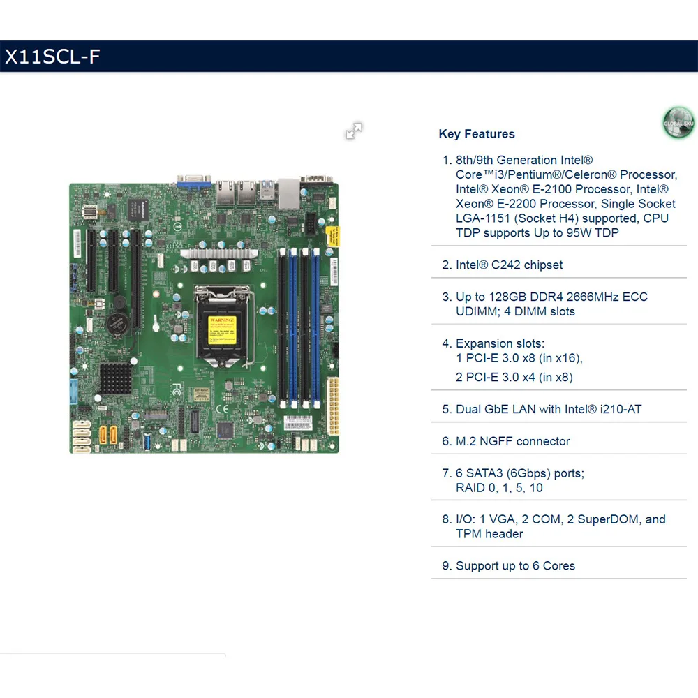 X11SCL-F Supermicro Serverio Micro-ATX pagrindinė Plokštė Intel C242 LGA-1151 DDR4 Parama 8-oji/9-oji Kartos Core i3 E-2100 E-2200